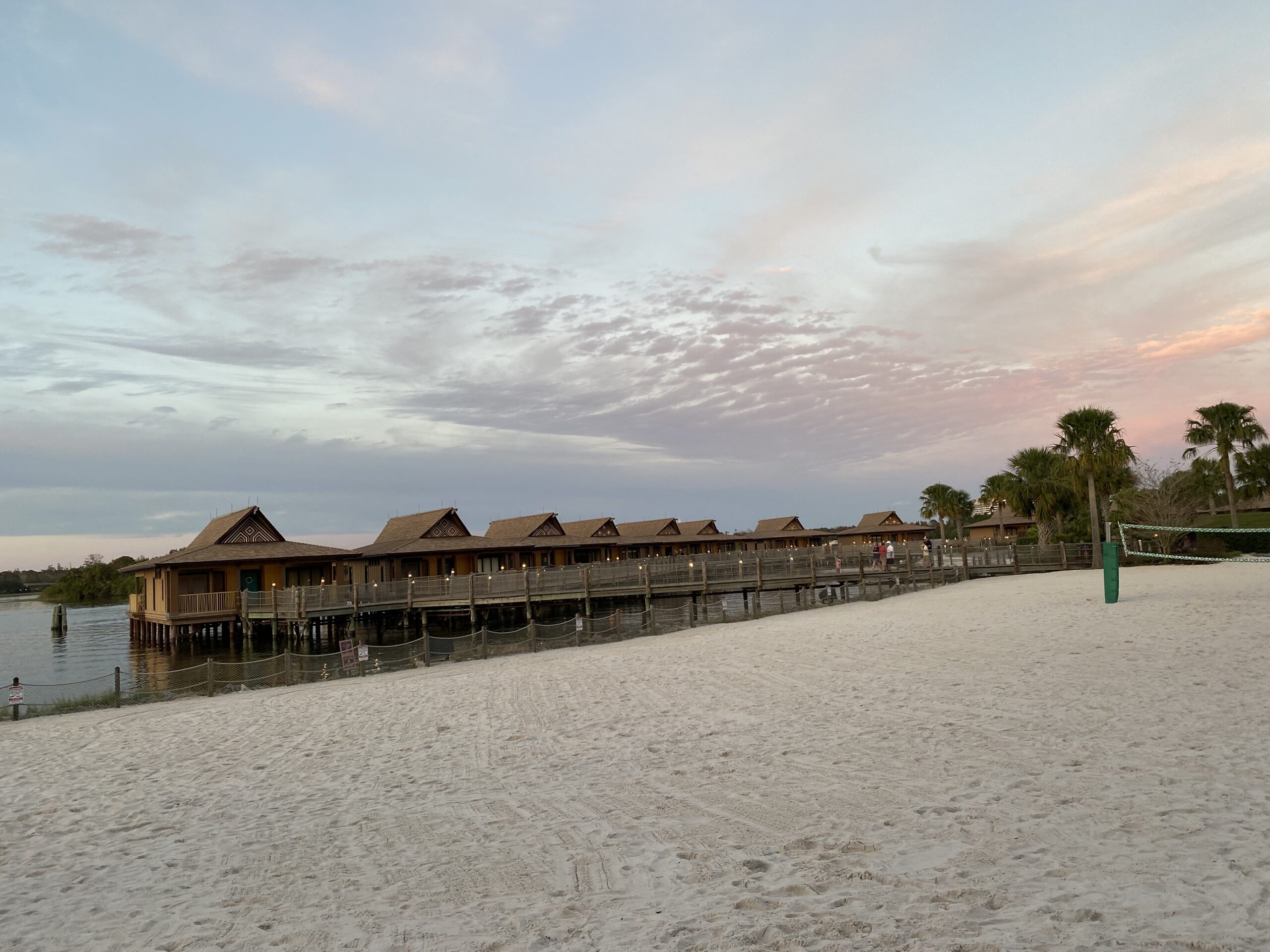 view of the polynesian bungalows from the resort beachfront